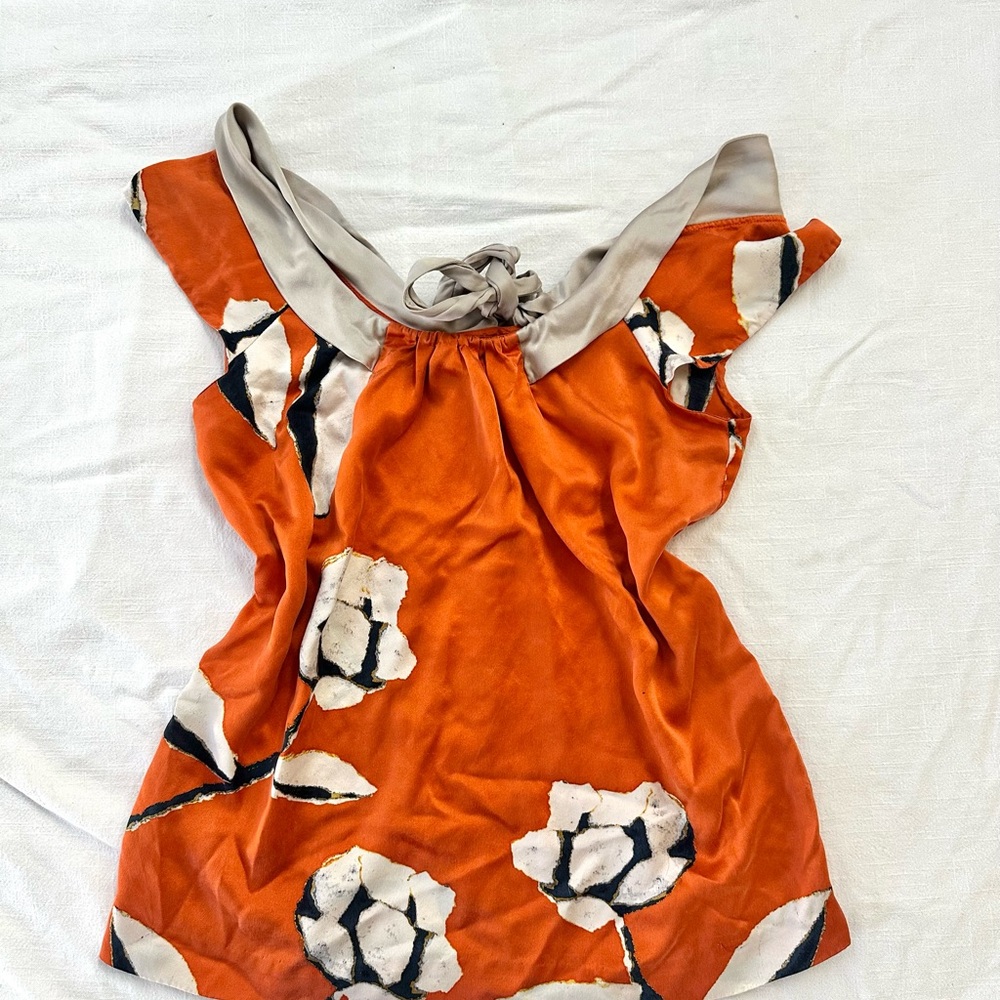 100% Silk Off Shoulder Top Orange Abstract Floral Tie Neck — Mint By Jodi Arnold